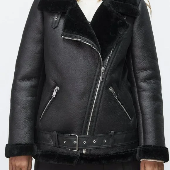 Zara double faced aviator faux leather coat- SIZE S - Picture 4 of 7